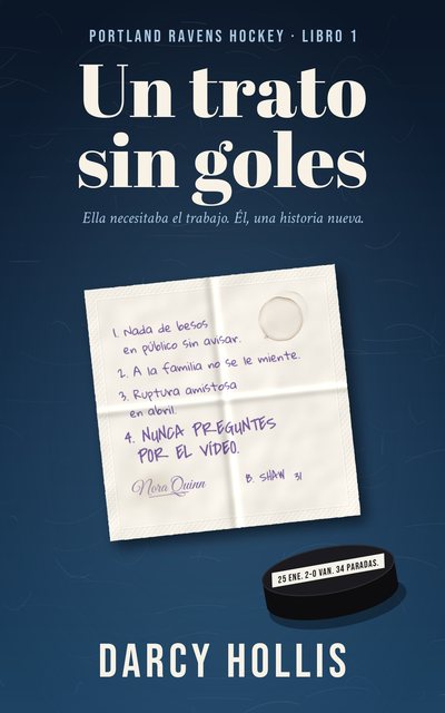 Portada de Un trato sin goles, de Darcy Hollis: una servilleta de cafetería con cuatro reglas escritas a mano y un disco de hockey